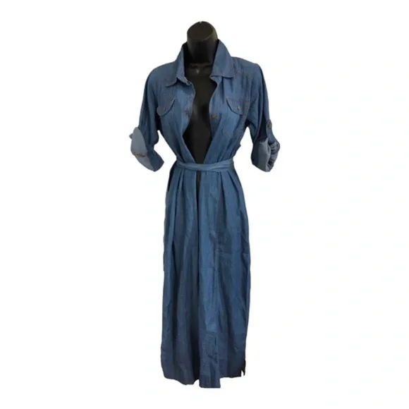 Blue denim fabric button front boho look belted dress size small brand new - Picture 16 of 16